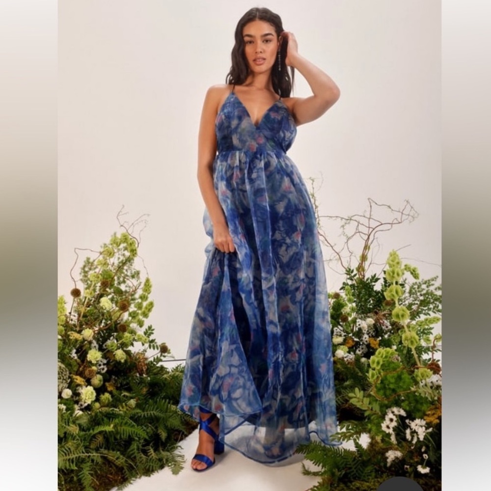 NWT Bloom Wildly Navy Blue Floral Organza Maxi Dress